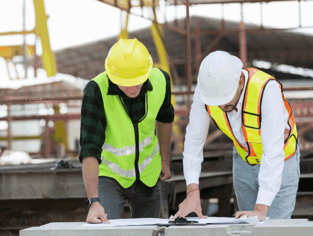 Two construction professionals reviewing architectural plans at a custom home job site in Sun Valley, Idaho